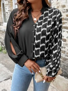 SHEIN LUNE Plus Graphic Print Notched Neck Shirt - Black and White - View 5