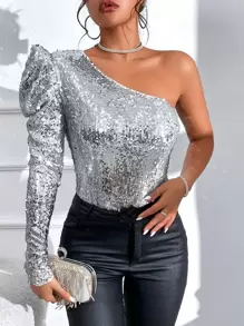 SHEIN BAE One Shoulder Gigot Sleeve Sequin Blouse - Silver - View 1