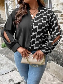 SHEIN LUNE Plus Graphic Print Notched Neck Shirt - Black and White - View 3