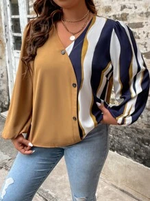 SHEIN LUNE 大碼撞色前紐扣燈籠袖襯衫 - 彩色 - 查看 6