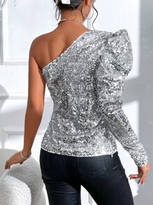 SHEIN BAE One Shoulder Gigot Sleeve Sequin Blouse - Silver - View 2