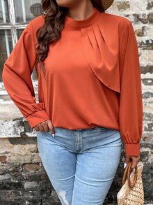 SHEIN LUNE Plus Mock Neck Fold Pleated Mock Neck Blouse - Burnt Orange - View 5