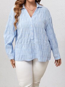 Calvaya Blusa con estampado de guingán de hombros caídos