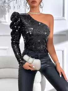 SHEIN BAE One Shoulder Gigot Sleeve Sequin Blouse - Black - View 5