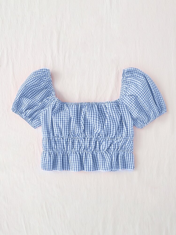 SHEIN MOD เสื้อ ลายกิงแฮม แขนพอง มัดด้านหน้า ทรงเพบพลัม - สีน้ำเงิน - ดู 2