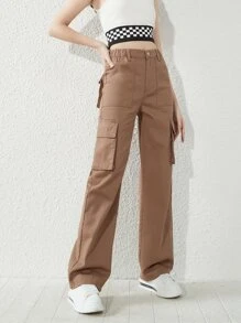 SHEIN 青少年女孩翻蓋口袋工裝牛仔褲 - 咖啡棕 - 查看 1