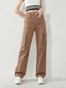 SHEIN 青少年女孩翻蓋口袋工裝牛仔褲 - 咖啡棕 - 查看 3