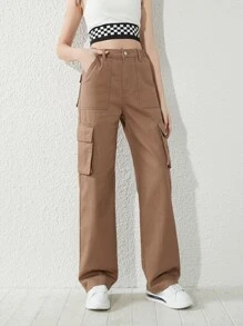 SHEIN 青少年女孩翻蓋口袋工裝牛仔褲 - 咖啡棕 - 查看 4