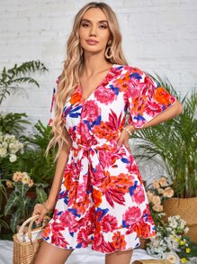 SHEIN VCAY Floral Print Belted Romper - Multicolor - View 3