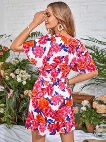 SHEIN VCAY Floral Print Belted Romper - Multicolor - View 2