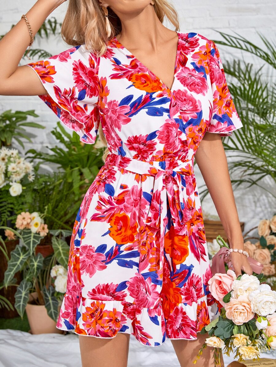 SHEIN VCAY Floral Print Belted Romper - Multicolor - View 1