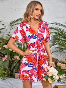 SHEIN VCAY Floral Print Belted Romper - Multicolor - View 4