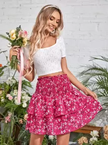 SHEIN VCAY Ditsy Floral Print Two Layer Hem Skirt - Multicolor - View 1