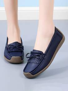 Bow Decor Stitch Detail Flat Loafers - Navy Blue - View 1