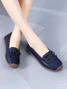 Bow Decor Stitch Detail Flat Loafers - Navy Blue - View 2