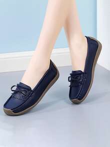 Bow Decor Stitch Detail Flat Loafers - Navy Blue - View 3