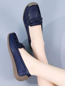 Bow Decor Stitch Detail Flat Loafers - Navy Blue - View 4