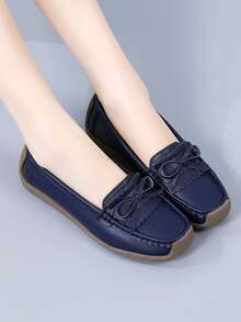 Bow Decor Stitch Detail Flat Loafers - Navy Blue - View 5