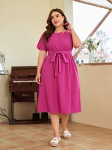 SHEIN Clasi Vestido con cinturón ribete en abanico - Rosa Fucsia - Ver 1