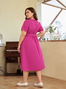SHEIN Clasi Vestido con cinturón ribete en abanico - Rosa Fucsia - Ver 2