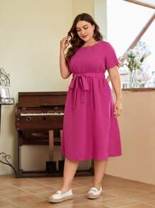 SHEIN Clasi Vestido con cinturón ribete en abanico - Rosa Fucsia - Ver 3