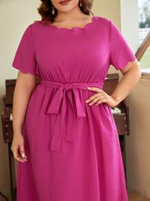 SHEIN Clasi Vestido con cinturón ribete en abanico - Rosa Fucsia - Ver 4