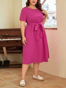 SHEIN Clasi Vestido con cinturón ribete en abanico - Rosa Fucsia - Ver 5