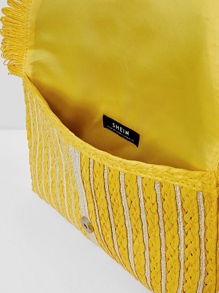 SHEIN SXY 條紋圖案流蘇邊翻蓋草編包 - 黃色 - 查看 10