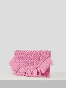 SHEIN VCAY Women's Vacation Fringe Design Boho Style Straw Clutch Bag - Pink - View 8