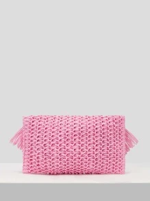 SHEIN VCAY Women's Vacation Fringe Design Boho Style Straw Clutch Bag - Pink - View 6