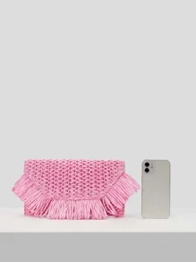SHEIN VCAY Women's Vacation Fringe Design Boho Style Straw Clutch Bag - Pink - View 7