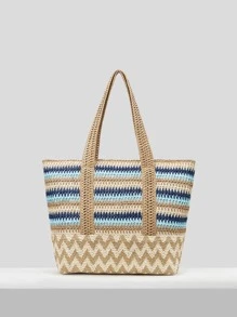 SHEIN VCAY Túi Rơm Họa Tiết Chevron Khối Màu, Hoàn Hảo Cho Kỳ Nghỉ Du Lịch Bãi Biển Mùa Hè - Nhiều màu - Xem 5