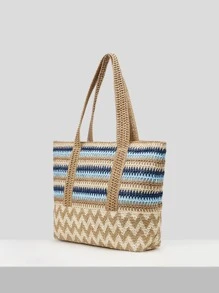 SHEIN VCAY Túi Rơm Họa Tiết Chevron Khối Màu, Hoàn Hảo Cho Kỳ Nghỉ Du Lịch Bãi Biển Mùa Hè - Nhiều màu - Xem 6