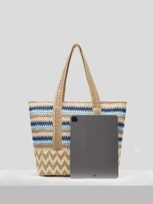 SHEIN VCAY Túi Rơm Họa Tiết Chevron Khối Màu, Hoàn Hảo Cho Kỳ Nghỉ Du Lịch Bãi Biển Mùa Hè - Nhiều màu - Xem 9