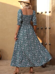 SHEIN VCAY 碎花抽褶細節荷葉邊連衣裙 - 綠色 - 查看 2