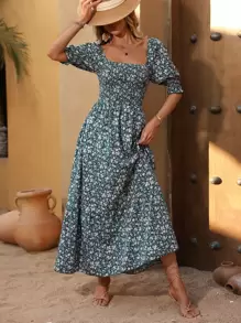 SHEIN VCAY 碎花抽褶細節荷葉邊連衣裙 - 綠色 - 查看 1