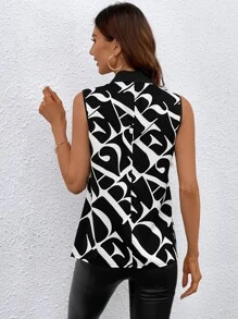 SHEIN LUNE Allover Letter Print V Neck Blouse - Black and White - View 2