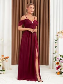 Cold Shoulder Split Thigh Chiffon Bridesmaid Dress - Burgundy - View 2