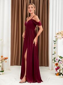 Cold Shoulder Split Thigh Chiffon Bridesmaid Dress - Burgundy - View 4