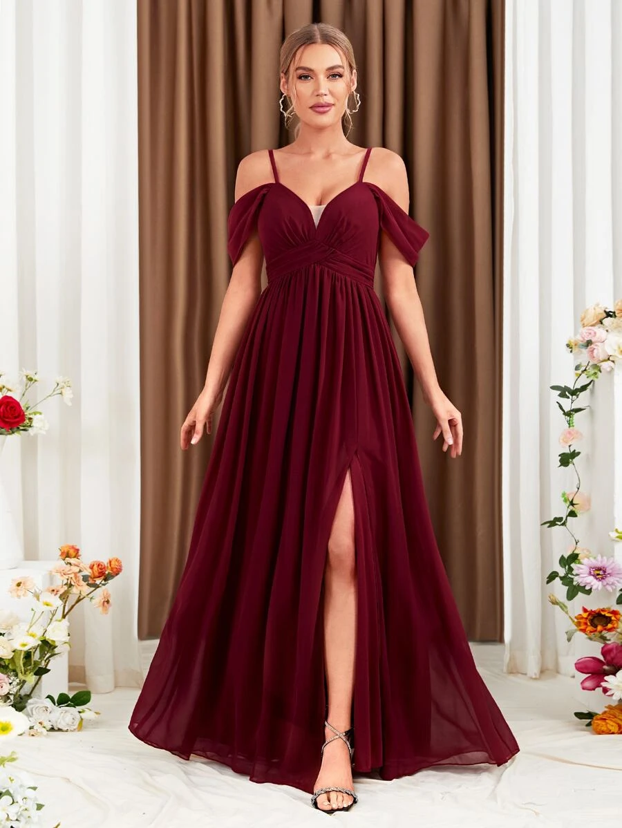 Cold Shoulder Split Thigh Chiffon Bridesmaid Dress - Burgundy - View 1