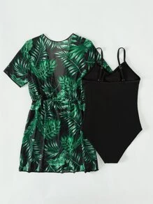 青少年女孩鏤空連體泳衣帶熱帶圖案和服罩衫 - 彩色 - 查看 2