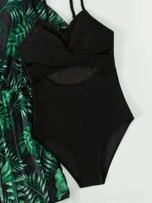 青少年女孩鏤空連體泳衣帶熱帶圖案和服罩衫 - 彩色 - 查看 4