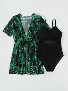 青少年女孩鏤空連體泳衣帶熱帶圖案和服罩衫 - 彩色 - 查看 5