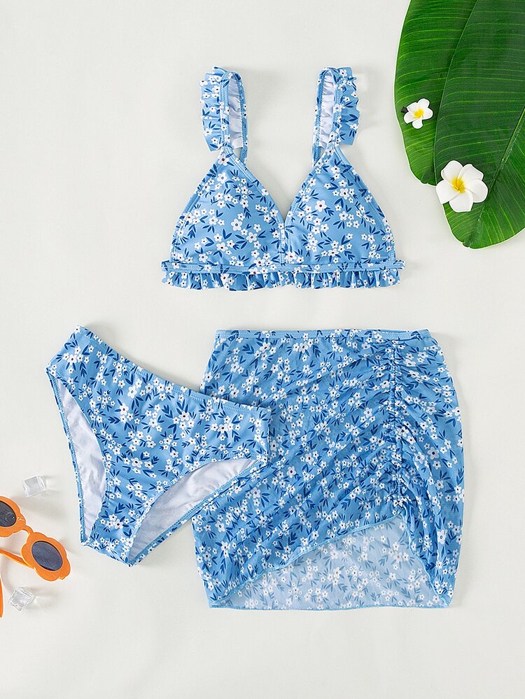 Teen Girls Ditsy Floral Frill Trim Bikini Set With Beach Skirt Summer Beach