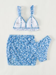 少女碎花荷叶边比基尼套装 带沙滩裙 夏季海滩