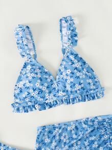少女碎花荷叶边比基尼套装 带沙滩裙 夏季海滩