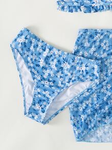 少女碎花荷叶边比基尼套装 带沙滩裙 夏季海滩