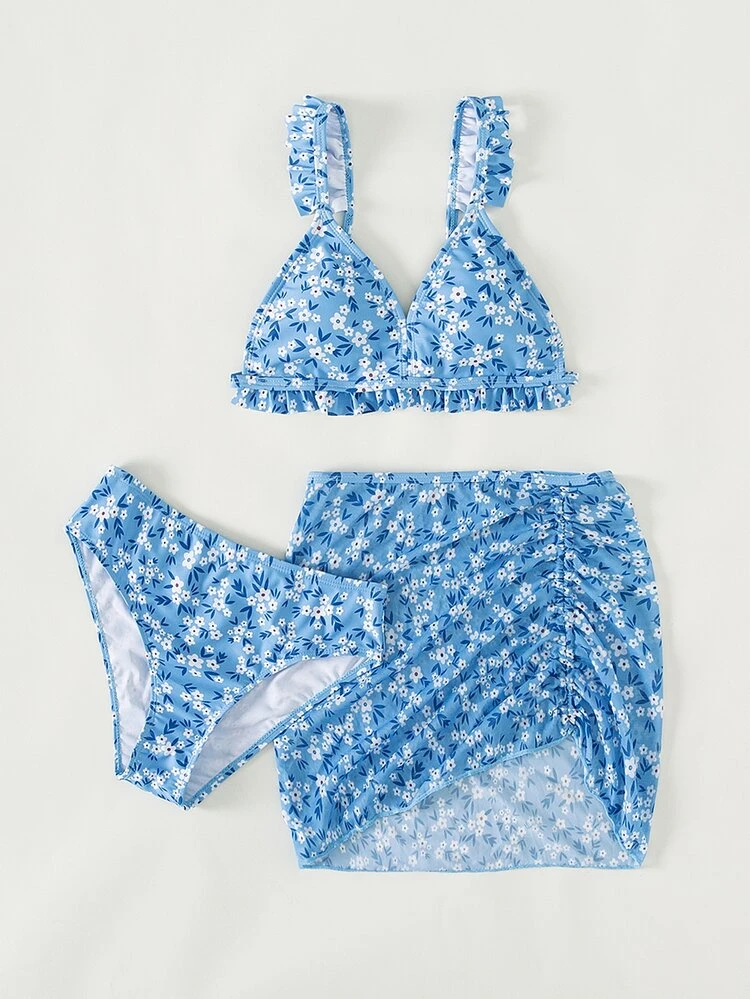 Teen Girls Ditsy Floral Frill Trim Bikini Set With Beach Skirt Summer Beach