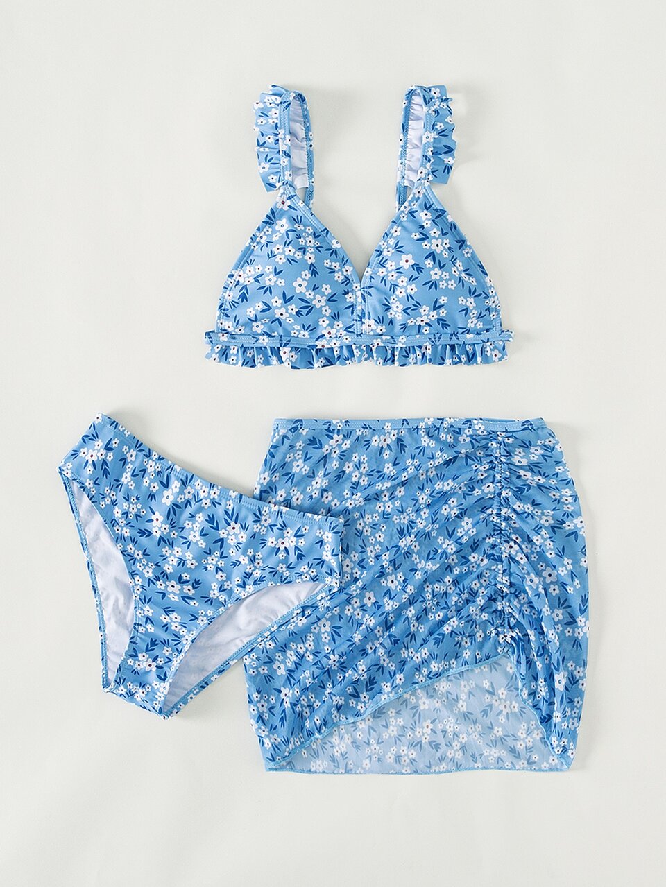 Teen Girls Ditsy Floral Frill Trim Bikini Set With Beach Skirt Summer Beach