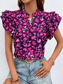 SHEIN VCAY Allover Print Notched Neckline Layered Sleeve Blouse - Hot Pink - View 1
